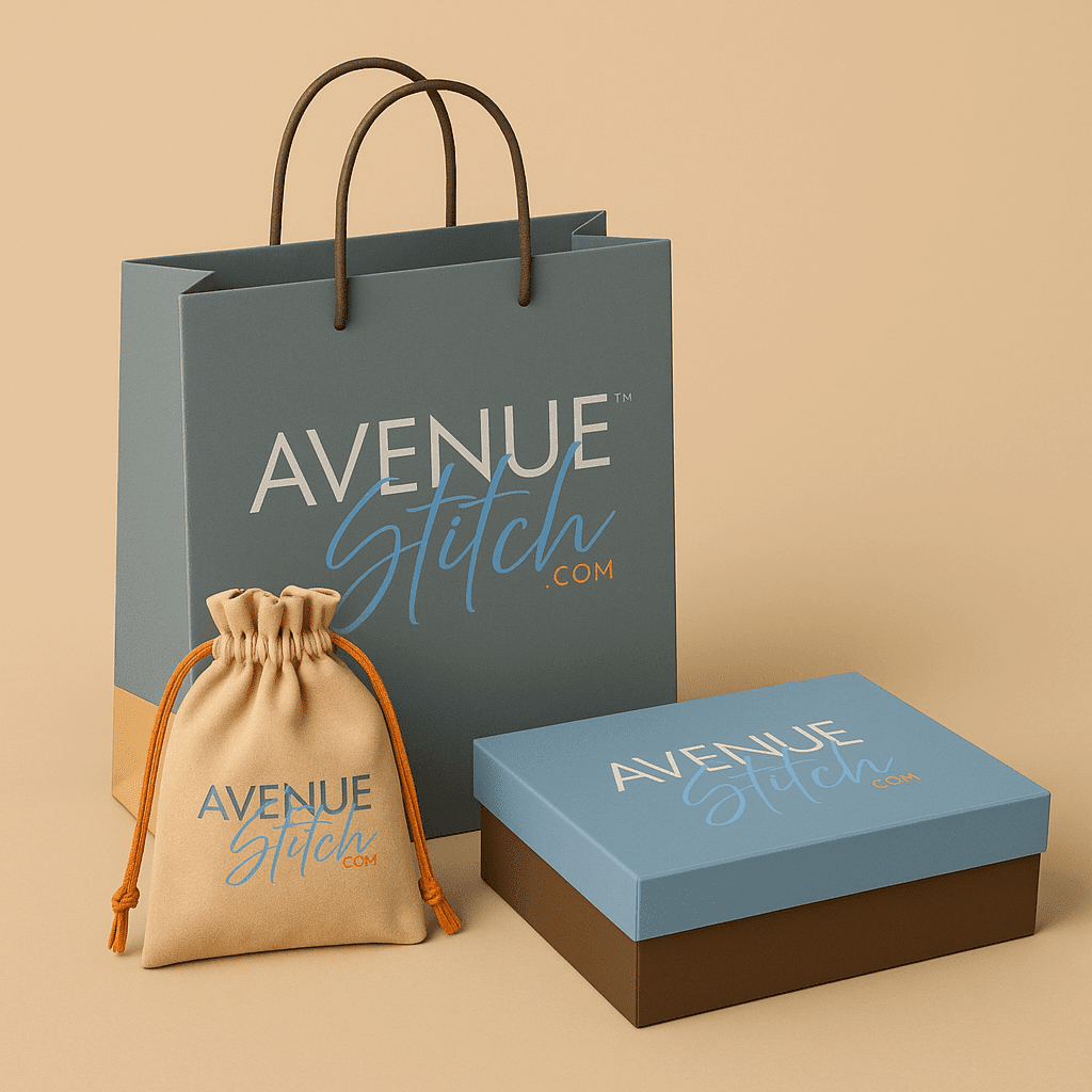 Gray paper bag, blue gift box, and beige drawstring pouch with “Avenue Stitch” logo